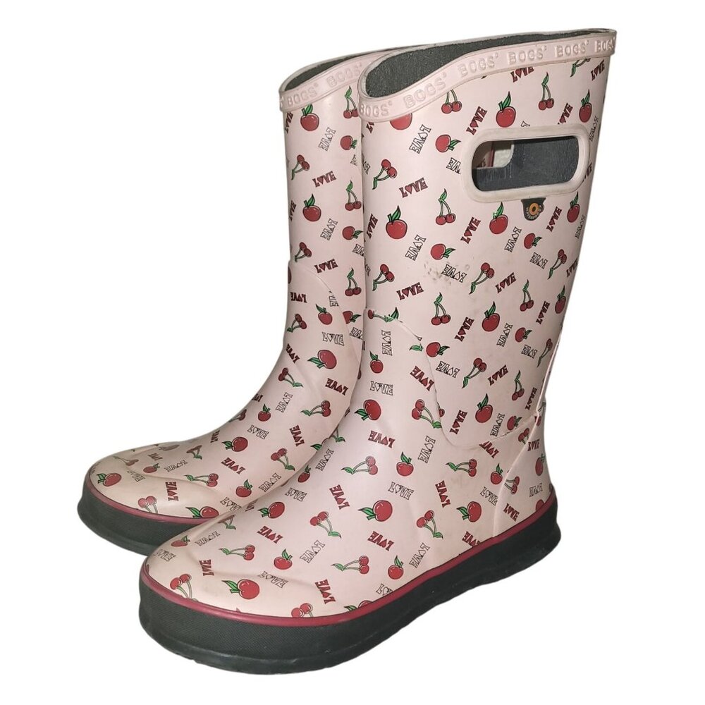 Bogs Youth K RNBT Cherry Love Pink Red Waterproof Pull-On Rubber Boots Size 4